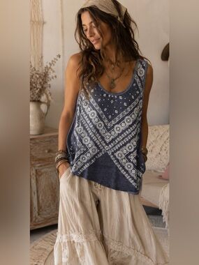 Joei & i Blue Bandana Print Tank Top | 1X | Soft Cotton Blend Boho Casual